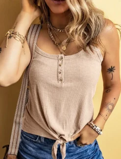 New Women's Camisole Tank Top Solid Color Daily Stylish Casual Sleeveless Scoop Neck Regular Tops Daily Buttons Black Yellow Army Green Apricot Summer Spring Women Tank Tops & Camis