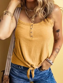 New Women's Camisole Tank Top Solid Color Daily Stylish Casual Sleeveless Scoop Neck Regular Tops Daily Buttons Black Yellow Army Green Apricot Summer Spring Women Tank Tops & Camis