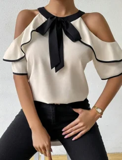 Clearance Women's Camisole Tank Top Solid Color Stylish Casual Short Sleeve Crew Neck Regular Tops Daily Ruffle Patchwork Summer Spring Women Blouses & Shirts
