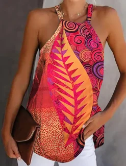 Discount Women's Camisole Tank Top Boho Red Leaf Print Graphic Halter Neck Sleeveless Tank Ethnic Summer Stylish Casual Camisole Tank Top Women Tank Tops & Camis