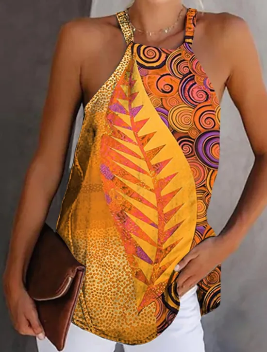 Discount Women's Camisole Tank Top Boho Red Leaf Print Graphic Halter Neck Sleeveless Tank Ethnic Summer Stylish Casual Camisole Tank Top Women Tank Tops & Camis