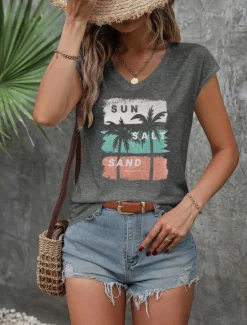 Discount Women's Camisole Tank Top Letter Casual Short Sleeve V Neck Regular Tops Work Daily Print Spring Fall Winter Women Tank Tops & Camis