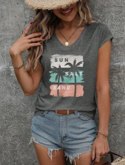 Discount Women's Camisole Tank Top Letter Casual Short Sleeve V Neck Regular Tops Work Daily Print Spring Fall Winter Women Tank Tops & Camis