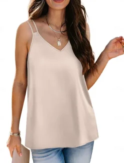 Online Women's Camisole Tank Top Casual Sleeveless Regular Tops V Neck Vacation Daily White Wine Green Beige Summer Women Tank Tops & Camis