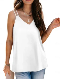 Online Women's Camisole Tank Top Casual Sleeveless Regular Tops V Neck Vacation Daily White Wine Green Beige Summer Women Tank Tops & Camis