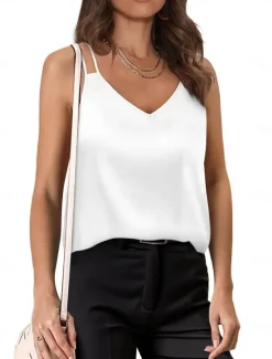 Online Women's Camisole Tank Top Casual Sleeveless Regular Tops V Neck Vacation Daily White Wine Green Beige Summer Women Tank Tops & Camis