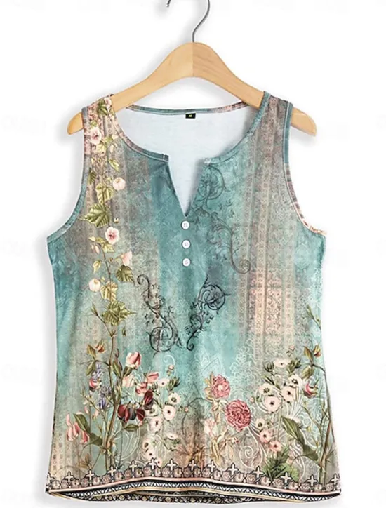 New Women's Camisole Tank Top Stylish Casual Floral Buttons Print Sleeveless Regular Tops Notched Neck Casual Daily Holiday White Blue Green Gray Summer Women Spring Tops|Tank Tops & Camis