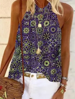 Clearance Women's Camisole Tank Top Halter Summer Tops Pink Blue Purple Graphic Floral Sleeveless Ethnic Boho Halter S Women Tank Tops & Camis