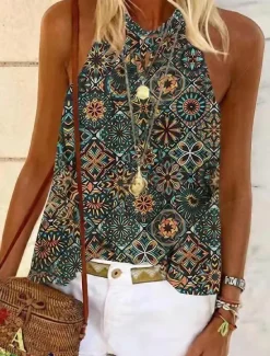 Clearance Women's Camisole Tank Top Halter Summer Tops Pink Blue Purple Graphic Floral Sleeveless Ethnic Boho Halter S Women Tank Tops & Camis
