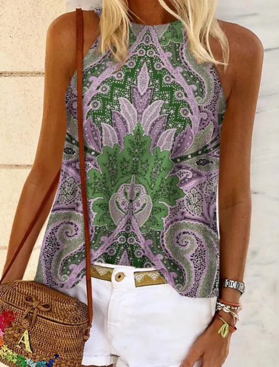 Clearance Women's Camisole Tank Top Halter Summer Tops Pink Blue Purple Graphic Floral Sleeveless Ethnic Boho Halter S Women Tank Tops & Camis
