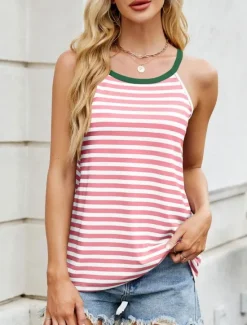 Online Women's Camisole Tank Top Striped Stylish Casual Sleeveless Crew Neck Regular Tops Daily Print Black Pink Blue Green Summer Women Tank Tops & Camis