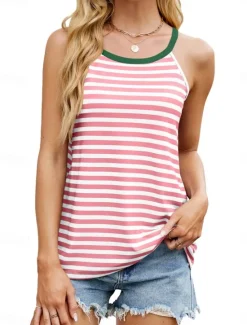Online Women's Camisole Tank Top Striped Stylish Casual Sleeveless Crew Neck Regular Tops Daily Print Black Pink Blue Green Summer Women Tank Tops & Camis