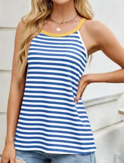 Online Women's Camisole Tank Top Striped Stylish Casual Sleeveless Crew Neck Regular Tops Daily Print Black Pink Blue Green Summer Women Tank Tops & Camis