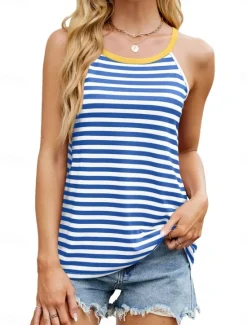 Online Women's Camisole Tank Top Striped Stylish Casual Sleeveless Crew Neck Regular Tops Daily Print Black Pink Blue Green Summer Women Tank Tops & Camis