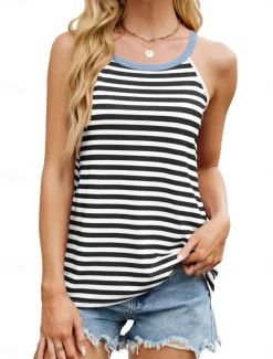 Online Women's Camisole Tank Top Striped Stylish Casual Sleeveless Crew Neck Regular Tops Daily Print Black Pink Blue Green Summer Women Tank Tops & Camis