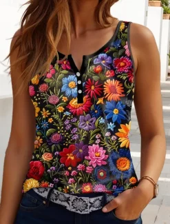 Online Women's Camisole Tank Top Floral Casual Sleeveless Notched Neck Regular Tops Daily Buttons Print Summer Women Tank Tops & Camis|Blouses & Shirts