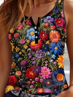 Online Women's Camisole Tank Top Floral Casual Sleeveless Notched Neck Regular Tops Daily Buttons Print Summer Women Tank Tops & Camis|Blouses & Shirts