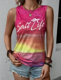 Clearance Women's Camisole Tank Top Gradient Pink Yellow Beach Palm Tree Graphic Print Casual Vacation Sleeveless Tropical Crew Neck Summer Women Tank Tops & Camis