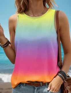Clearance Women's Camisole Tank Top Gradient Pink Yellow Beach Palm Tree Graphic Print Casual Vacation Sleeveless Tropical Crew Neck Summer Women Tank Tops & Camis