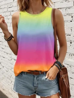 Clearance Women's Camisole Tank Top Gradient Pink Yellow Beach Palm Tree Graphic Print Casual Vacation Sleeveless Tropical Crew Neck Summer Women Tank Tops & Camis