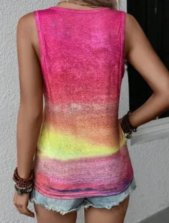 Clearance Women's Camisole Tank Top Gradient Pink Yellow Beach Palm Tree Graphic Print Casual Vacation Sleeveless Tropical Crew Neck Summer Women Tank Tops & Camis
