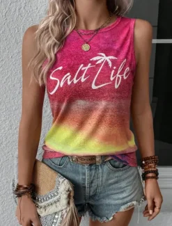 Clearance Women's Camisole Tank Top Gradient Pink Yellow Beach Palm Tree Graphic Print Casual Vacation Sleeveless Tropical Crew Neck Summer Women Tank Tops & Camis