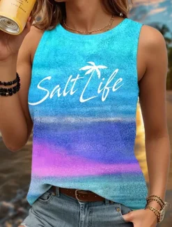 Clearance Women's Camisole Tank Top Gradient Pink Yellow Beach Palm Tree Graphic Print Casual Vacation Sleeveless Tropical Crew Neck Summer Women Tank Tops & Camis