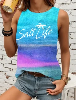 Clearance Women's Camisole Tank Top Gradient Pink Yellow Beach Palm Tree Graphic Print Casual Vacation Sleeveless Tropical Crew Neck Summer Women Tank Tops & Camis