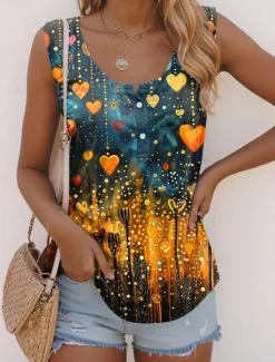 Online Women's Camisole Tank Top Ombre Heart Casual Sleeveless Sleeveless U Neck Regular Tops Daily Buttons Print Summer Women Tank Tops & Camis