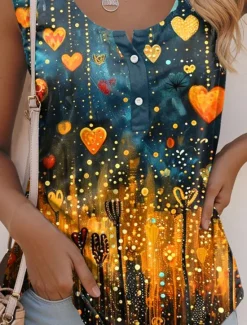 Online Women's Camisole Tank Top Ombre Heart Casual Sleeveless Sleeveless U Neck Regular Tops Daily Buttons Print Summer Women Tank Tops & Camis