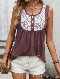 Women's Camisole Tank Top Graphic Fashion Modern Casual Sleeveless Square Neck Regular Tops Daily Going out Weekend Lace Wine Gray Summer Women Tank Tops & Camis