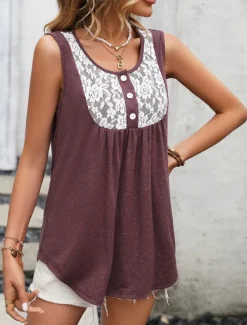 Women's Camisole Tank Top Graphic Fashion Modern Casual Sleeveless Square Neck Regular Tops Daily Going out Weekend Lace Wine Gray Summer Women Tank Tops & Camis