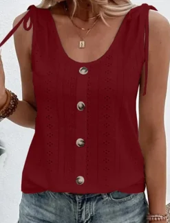 Discount Women's Camisole Tank Top Eyelet top Dressy Tops Plain Basic Sleeveless Sleeveless U Neck Regular Tops Daily Weekend Buttons Light Blue claret Black White Pink Women Tank Tops & Camis
