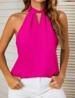 Outlet Women's Camisole Tank Top Solid Color Stylish Casual Sleeveless Halter Neck Regular Tops Daily White Pink Fuchsia Summer Women Tank Tops & Camis|Blouses & Shirts