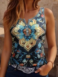 Sale Women's Camisole Tank top Floral Paisley Bohemia Vintage Ethnic Sleeveless Notched Neck Regular Tops Daily Buttons Print Black Navy Blue Dusty Blue Orange Women Boho Tops
