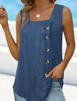 Best Women's Camisole Tank Top Sleeveless Round Neck Asymmetrical Button Side Solid Color Casual Summer Top Regular Fit Charcoal Green Women Tank Tops & Camis