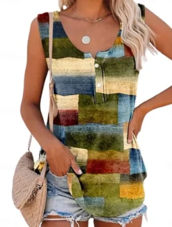 Women's Camisole Tank Top Plaid Stylish Casual Sleeveless Crew Neck Regular Tops Daily Buttons Print Summer Spring Women Shirts