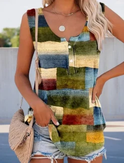 Women's Camisole Tank Top Plaid Stylish Casual Sleeveless Crew Neck Regular Tops Daily Buttons Print Summer Spring Women Shirts