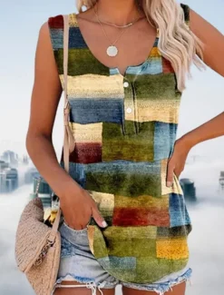 Women's Camisole Tank Top Plaid Stylish Casual Sleeveless Crew Neck Regular Tops Daily Buttons Print Summer Spring Women Shirts