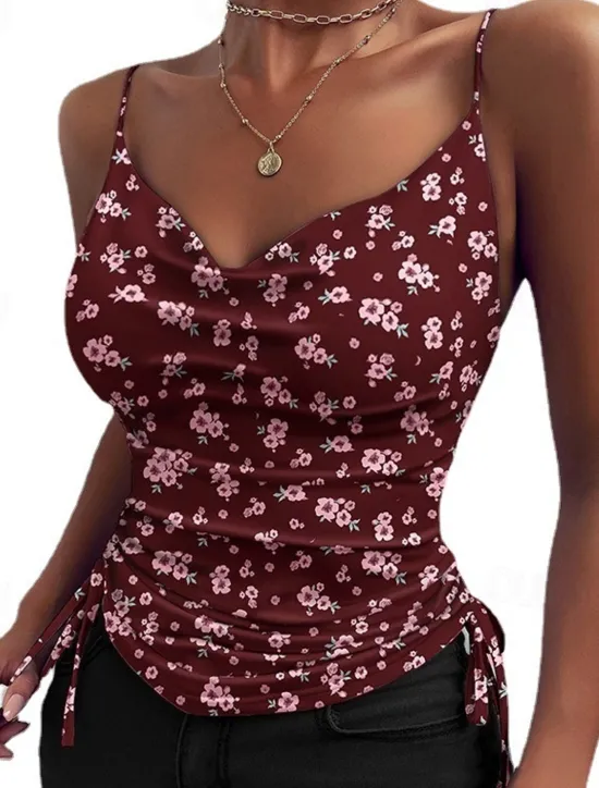 Online Women's Camisole Tank Top Fashion Floral Drawstring Print Sleeveless Regular Tops V Neck Casual Holiday Yellow Wine Summer Women Tank Tops & Camis