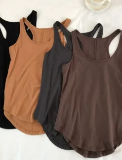 New Women's Camisole Tank Top Solid Color Daily Stylish Casual Sleeveless Scoop Neck Regular Tops Daily Backless Black Light Brown Brown Summer Women Tank Tops & Camis