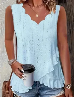 Best Women's Camisole Tank Top Plain Daily Casual Sleeveless V Neck Regular Tops Daily Ruffle Eyelet White Yellow Pink Green Light Blue Summer Women Tank Tops & Camis