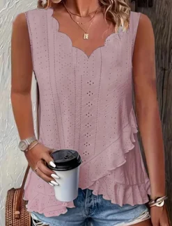Best Women's Camisole Tank Top Plain Daily Casual Sleeveless V Neck Regular Tops Daily Ruffle Eyelet White Yellow Pink Green Light Blue Summer Women Tank Tops & Camis