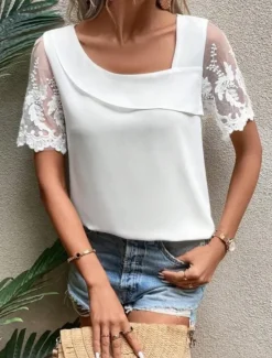 Online Women's Camisole Tank Top Solid Color Stylish Casual Short Sleeve V Neck Regular Tops Daily Lace Patchwork Summer Spring Women Tank Tops & Camis