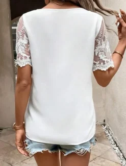 Online Women's Camisole Tank Top Solid Color Stylish Casual Short Sleeve V Neck Regular Tops Daily Lace Patchwork Summer Spring Women Tank Tops & Camis