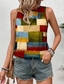 Outlet Women's Camisole Tank Top Geometric Stylish Casual Sleeveless Crew Neck Regular Tops Daily Print Summer Women Tank Tops & Camis