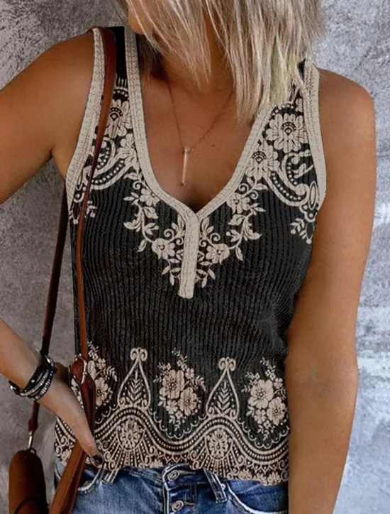 Hot Women's Camisole Tank Top Bohemian Paisley Knit V-Neck Sleeveless Casual Fitted Ribbed Black Cream Layering Summer Clothing Apparel Women Tank Tops & Camis