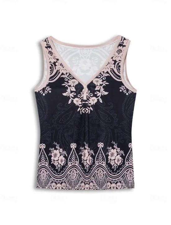 Hot Women's Camisole Tank Top Bohemian Paisley Knit V-Neck Sleeveless Casual Fitted Ribbed Black Cream Layering Summer Clothing Apparel Women Tank Tops & Camis