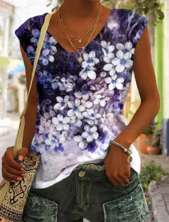 Clearance Women's Camisole Tank Top Basic Floral Print Sleeveless Regular Tops V Neck Casual Holiday Blue Purple Green Women Tank Tops & Camis