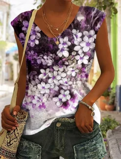 Clearance Women's Camisole Tank Top Basic Floral Print Sleeveless Regular Tops V Neck Casual Holiday Blue Purple Green Women Tank Tops & Camis